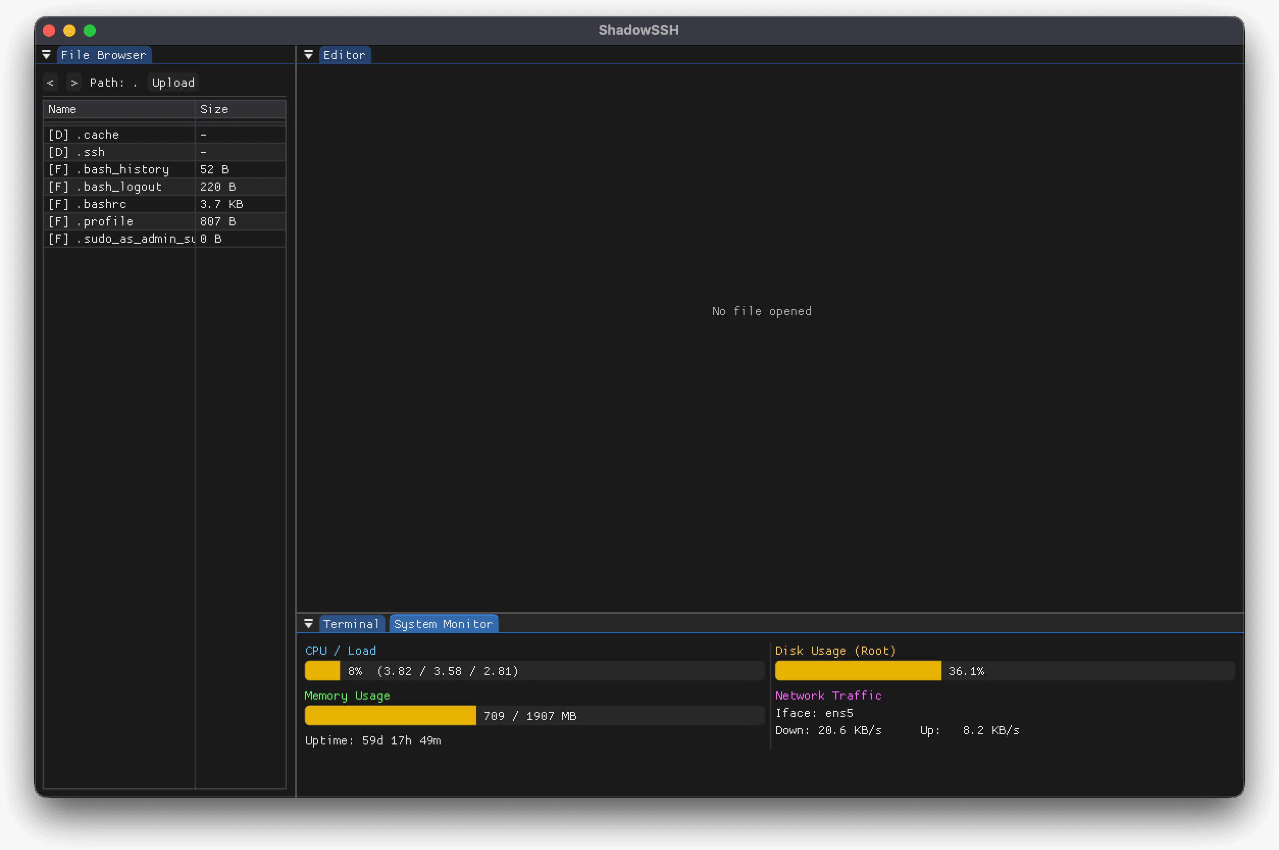 ShadowSSH window with file browser, code editor and the system monitor showing CPU, memory, disk and network in real time